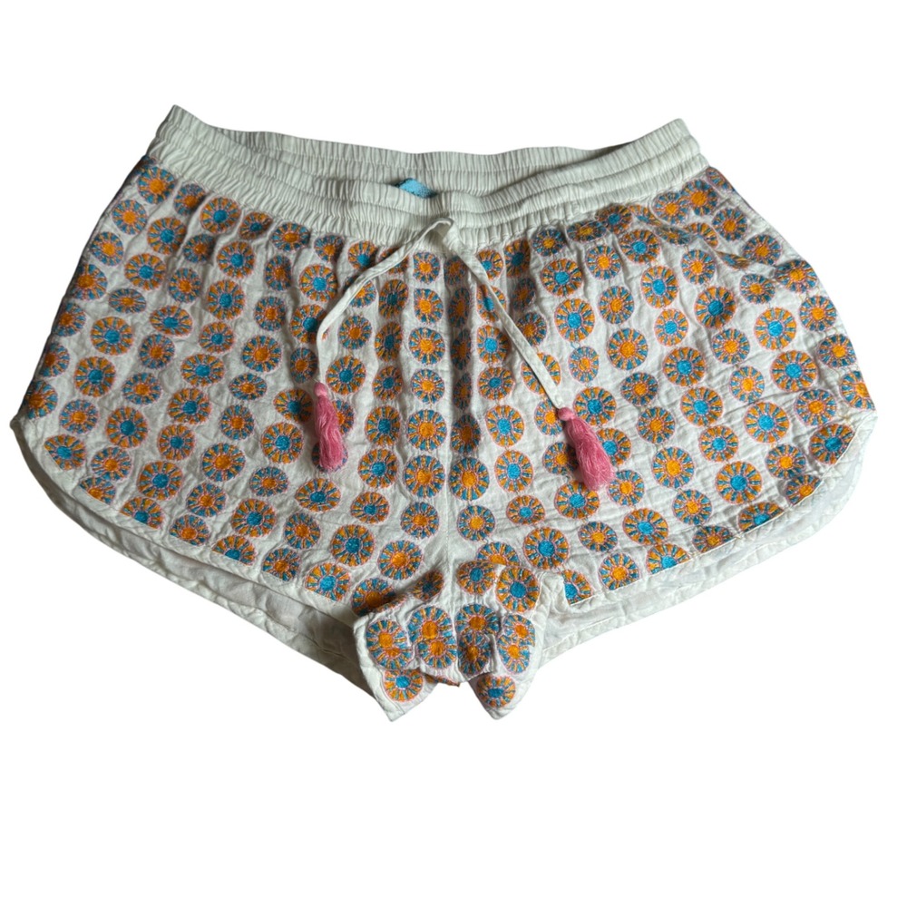 Buttons Embroidered Cotton‎ Lounge Shorts White Boho Festival Medium